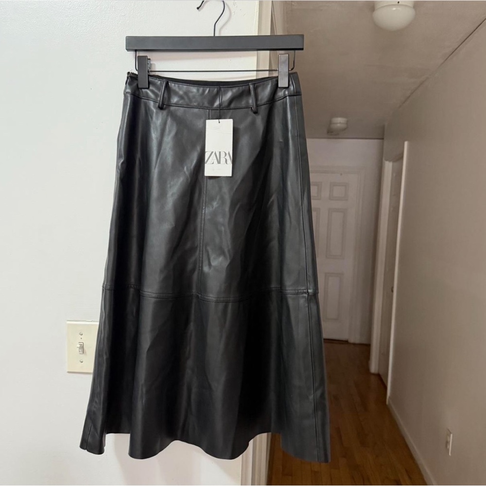 ZARA Black Faux Leather Midi Skirt